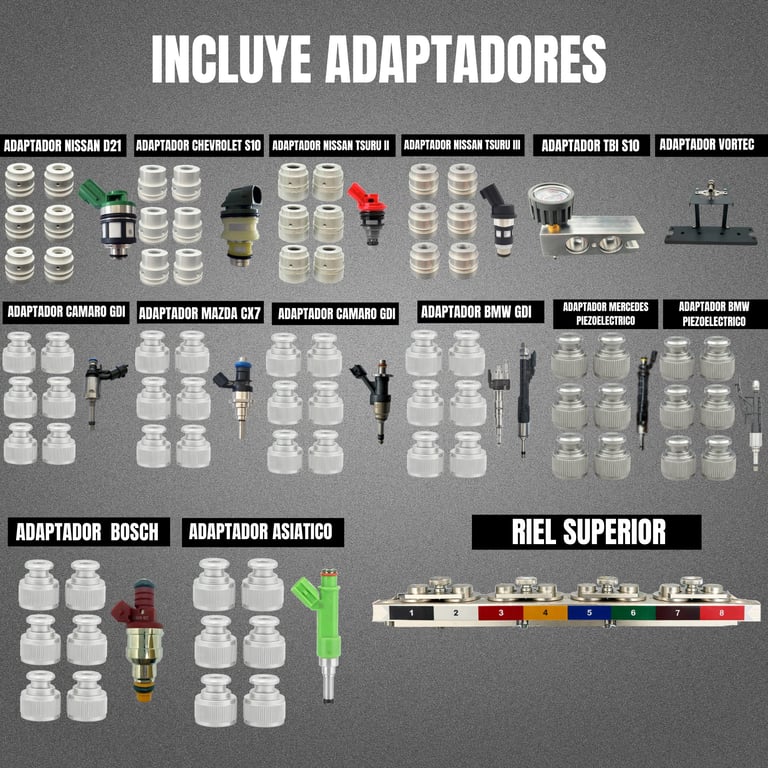 Comprehensive display of various fuel injector adapters and connectors organized by automotive brand and type on gray background