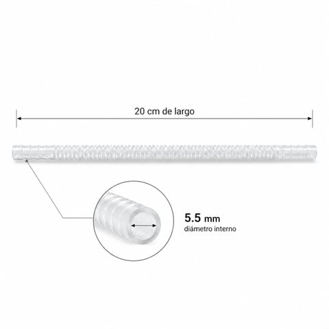Technical diagram of a transparent corrugated tube showing 20 cm length and 5.5 mm internal diameter with magnified cross-section view