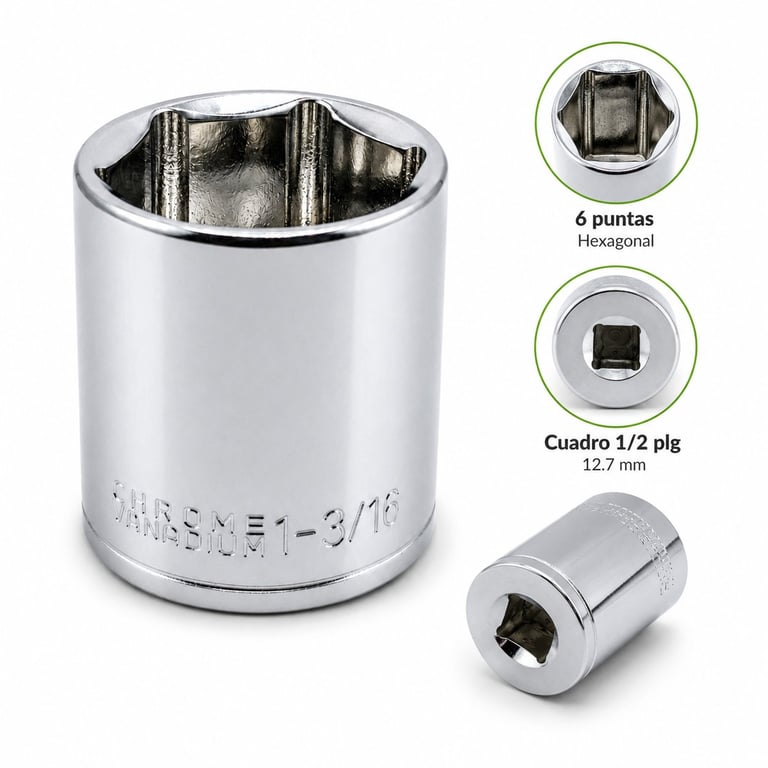 Chrome socket wrench with 6-point hexagonal drive and 1/2 inch drive, shown with close-up details of the socket head and drive end