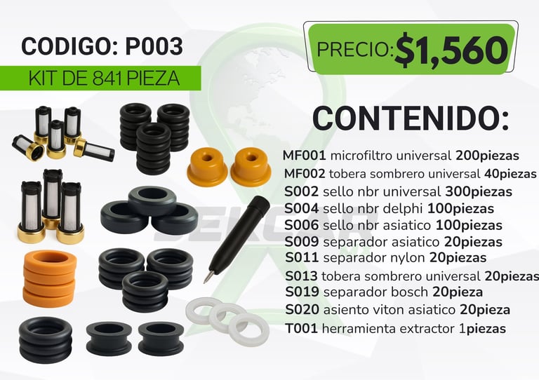 Product kit P003 with 841 pieces including microfilters, seals, and tools priced at $1,560