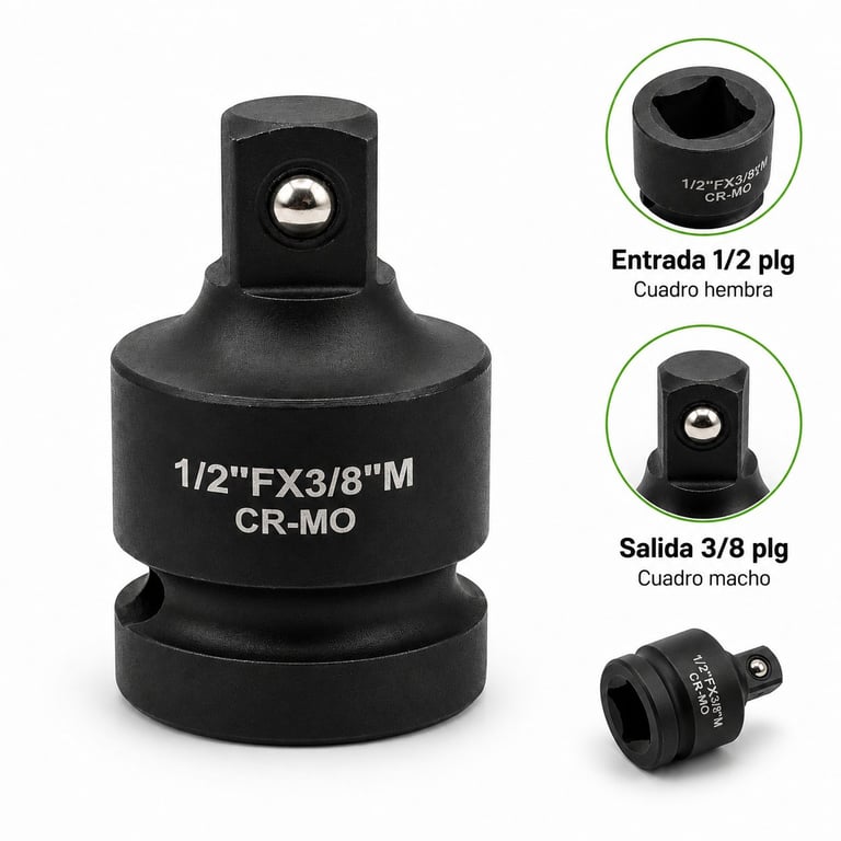 Black impact socket adapter with 1/2 inch female input and 3/8 inch male output, shown with detail callouts