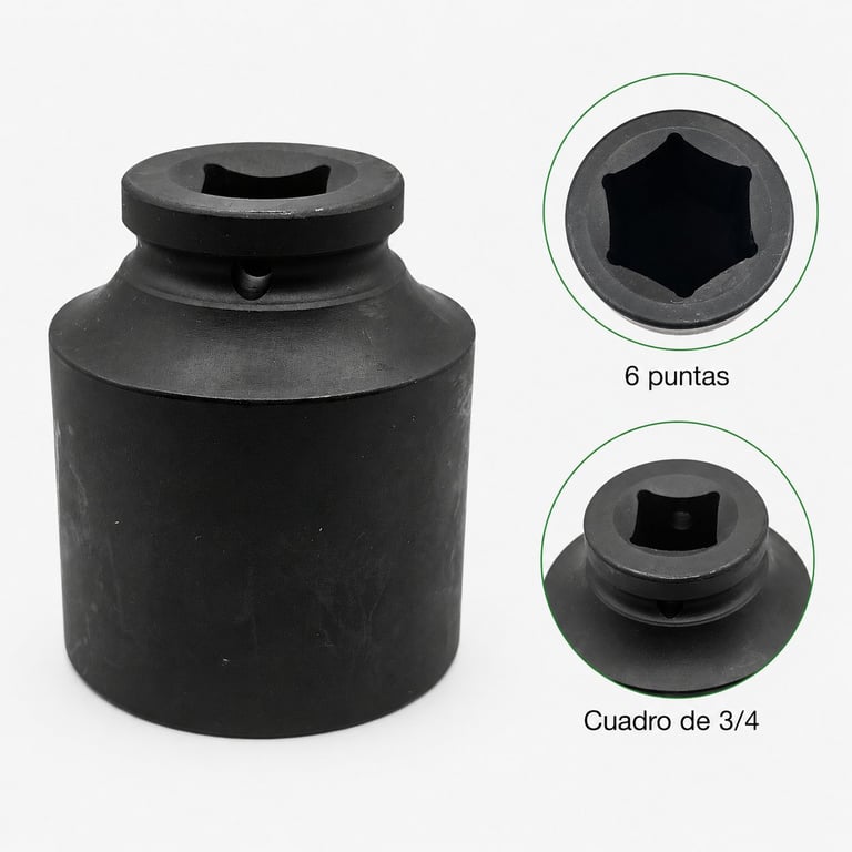 Black impact socket with hexagonal head and 3/4 inch drive, shown with close-up detail views of the 6-point socket opening and coupling mechanism