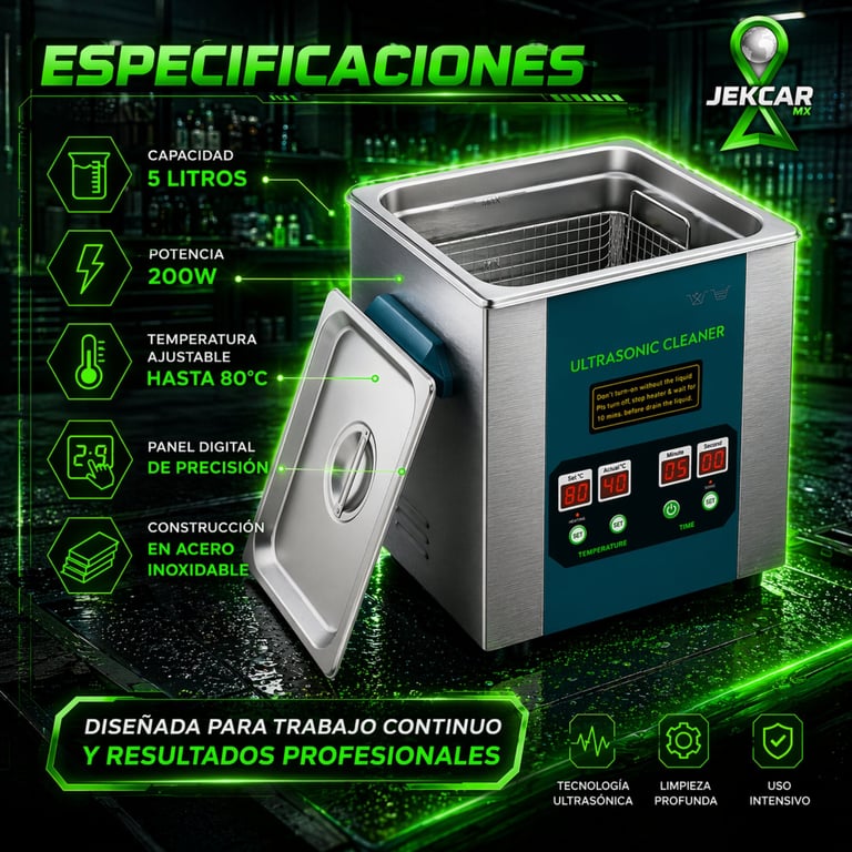 Limpiador ultrasónico JEKCAR con pantalla digital, 5L capacidad, 200W potencia, temperatura ajustable hasta 80°C