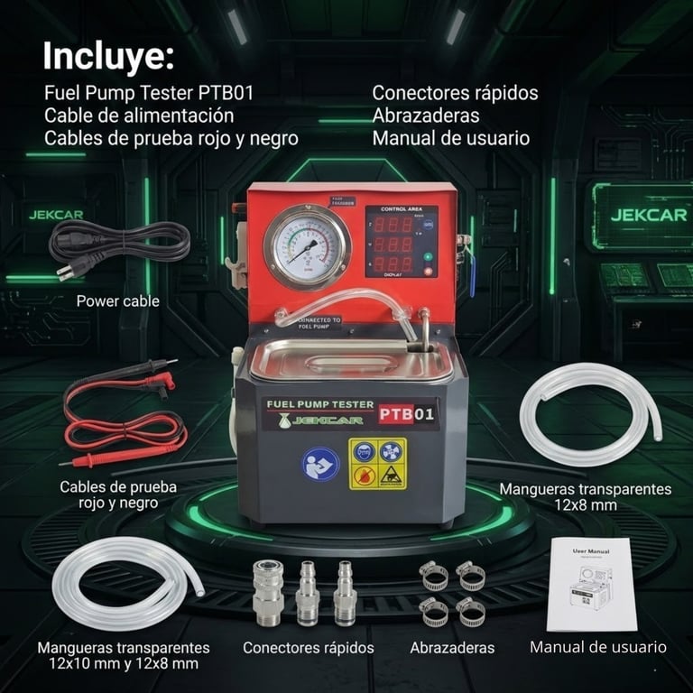 Fuel Pump Tester PTB01 kit with red and black testing device surrounded by accessories including cables, connectors, tubing, and user manual.
