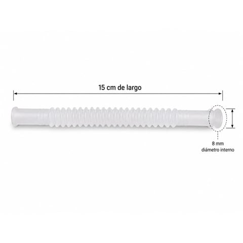 Flexible plastic corrugated tube showing 15 cm length and 8 mm inner diameter measurements