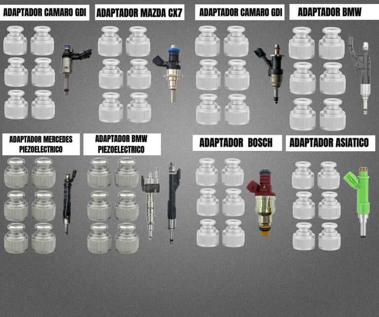 Diagram showing various fuel injector adapters for different car brands including Camaro, Mazda, BMW, Mercedes, Bosch, and Asiático models