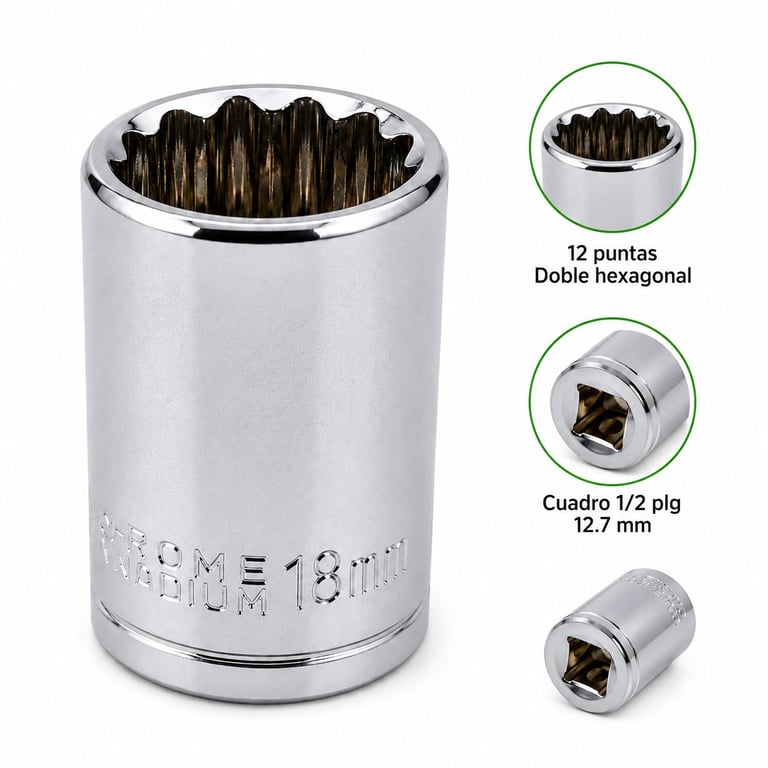 Chrome socket wrench with 12-point double hexagonal drive, 1/2 inch square drive, showing detail views of the socket opening and drive configuration