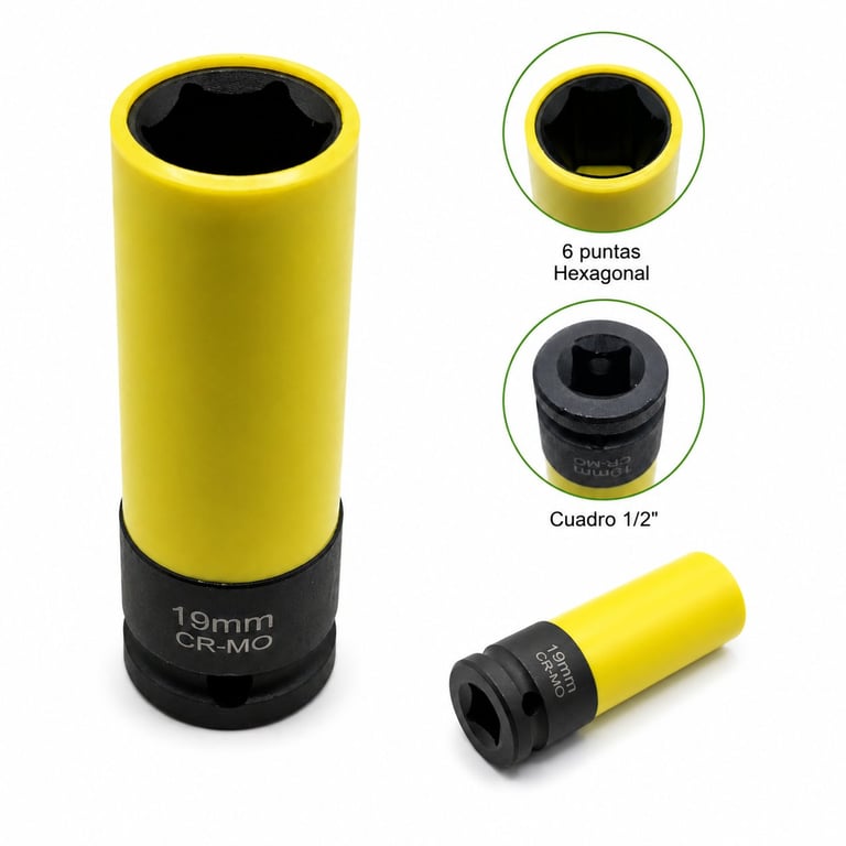 Yellow 19mm impact socket with black CR-MO base shown from multiple angles with labeled parts including hexagonal and square drive options