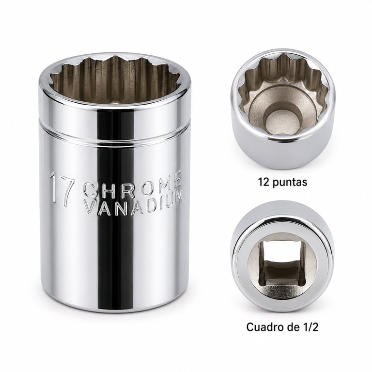 Chrome socket wrench set showing 17mm socket with 12-point and 1/2 inch square drive variants