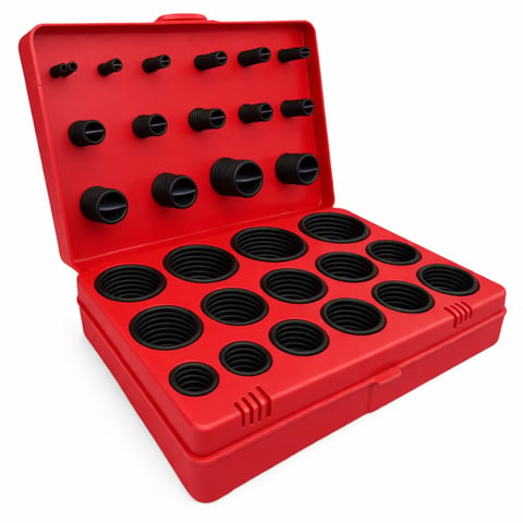 Red tool box with black rubber O-ring assortment set and carrying case organizer