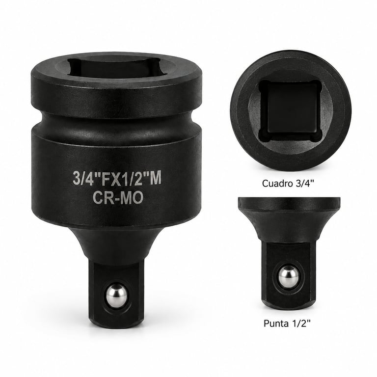 Black 3/4 FX1/2M CR-MO impact socket with square drive and attachment accessories shown
