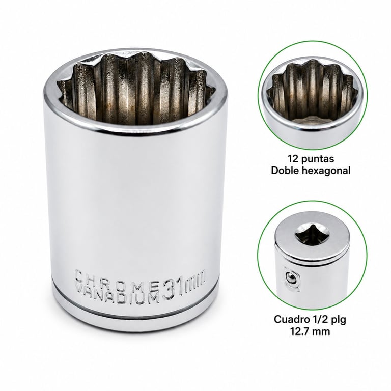 Chrome socket wrench with 12-point double hexagonal drive and 1/2 inch square drive, shown with close-up detail views