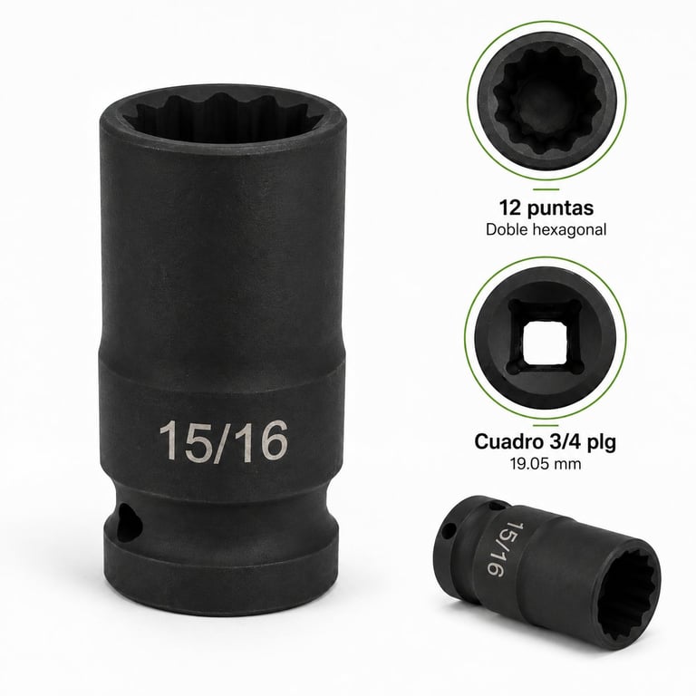 Black impact socket labeled 15/16 with 12-point double hexagonal and 3/4 square drive specifications shown in product images