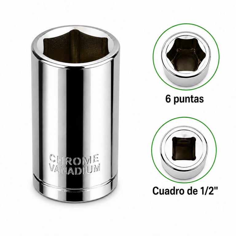 Chrome socket wrench with 6-point and 1/2 inch square drive options shown in detail