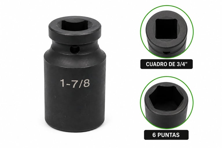 Black impact socket labeled 1-7/8 with square drive and 6-point design shown with detail callouts