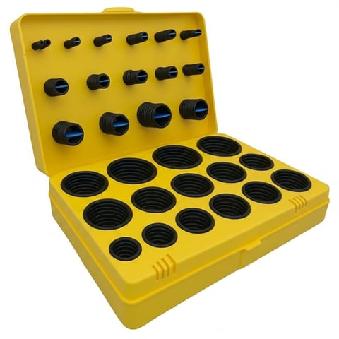Yellow case containing assorted black rubber o-rings and seals organized in compartments