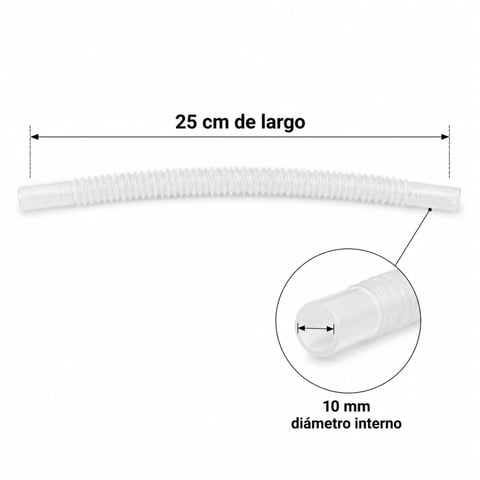 Flexible corrugated tube 25 cm long with 10 mm internal diameter, shown with detail circle indicating inner measurement.