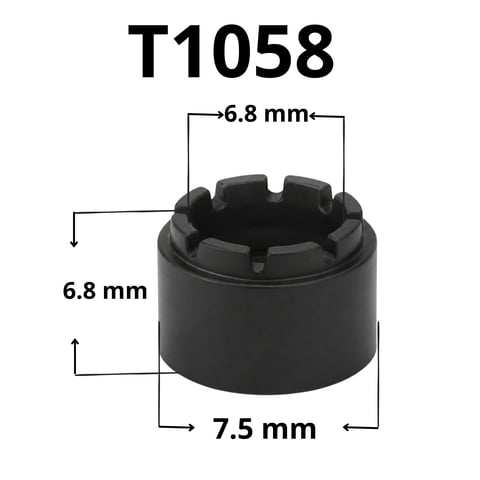Black plastic cap model T1058 with dimensions: 6.8mm width, 6.8mm height, and 7.5mm base diameter