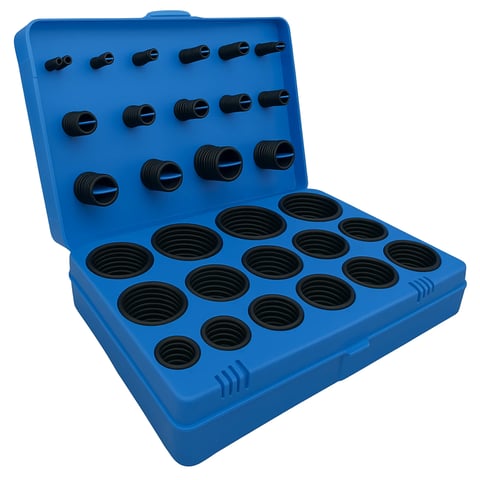 Blue carrying case with black o-ring assortment kit displayed with lid open