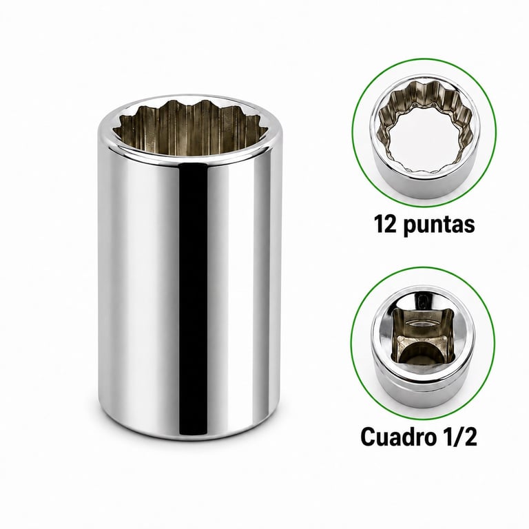 Chrome socket wrench with 12-point opening and 1/2-inch square drive, shown with detail views of the socket opening and drive end