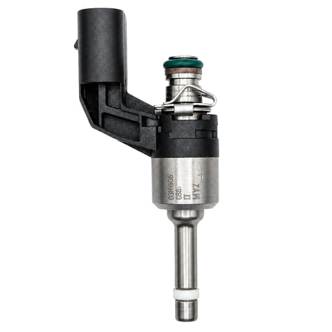 Fuel injector assembly with black plastic connector, metallic cylindrical body, and needle tip on white background