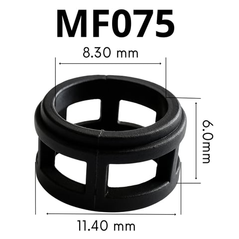MF075 black plastic part with dimensions 8.30mm width, 11.40mm length, and 6.09mm height