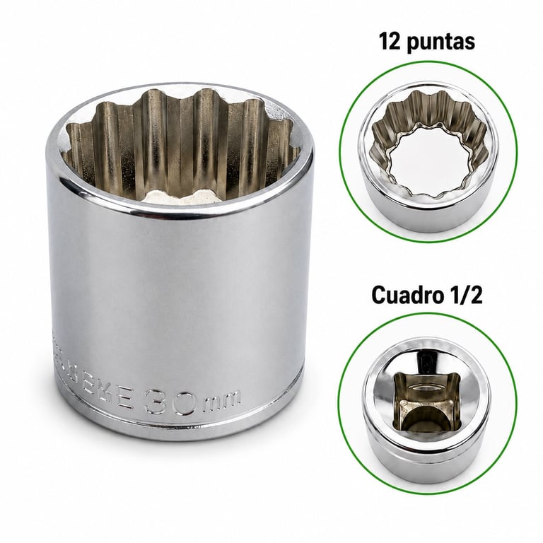 Chrome socket wrench with 12-point head and 1/2-inch square drive, shown with detailed closeup views