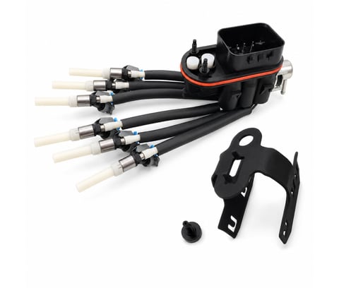 Outboard boat motor ignition coil pack with six spark plug wires and mounting bracket components