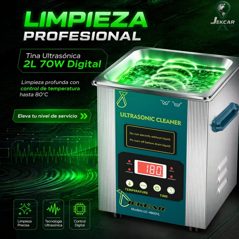 Limpiador ultrasónico profesional de 2 litros con control de temperatura y pantalla verde