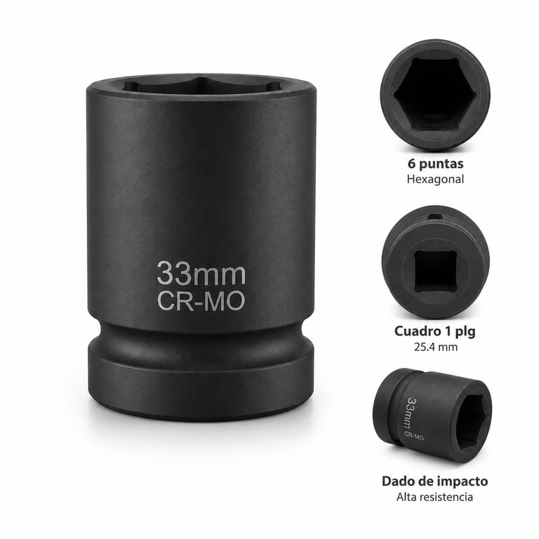 Black 33mm CR-MO socket with three interchangeable heads: hexagonal, square, and impact driver bit