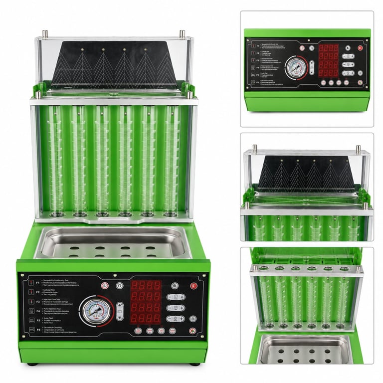 Green and black ultrasonic fuel injector cleaning machine with digital display and vertical component rack