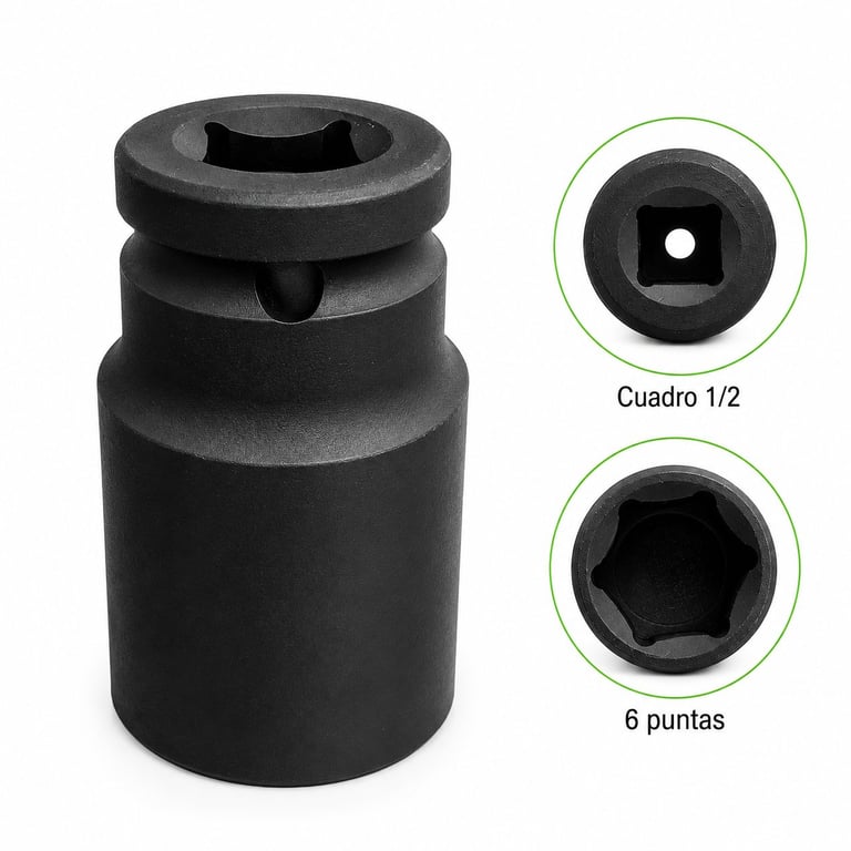 Black impact socket with close-up views showing Cuadro 1/2 and 6 puntas drive types