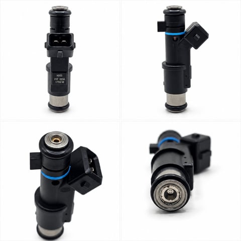 Four views of a black fuel injector with blue accent bands and electrical connector shown from different angles