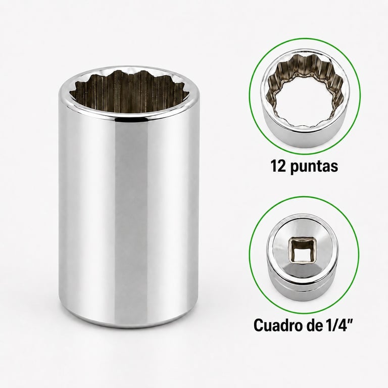 Socket wrench with 12-point design and 1/4 inch square drive, shown with detailed end views of the socket head