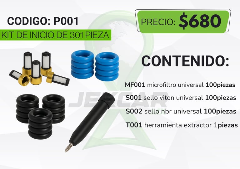 Product starter kit P001 for 301 piece installation priced at $680, including microfilter, viton seals, NBR seals, and extractor tool