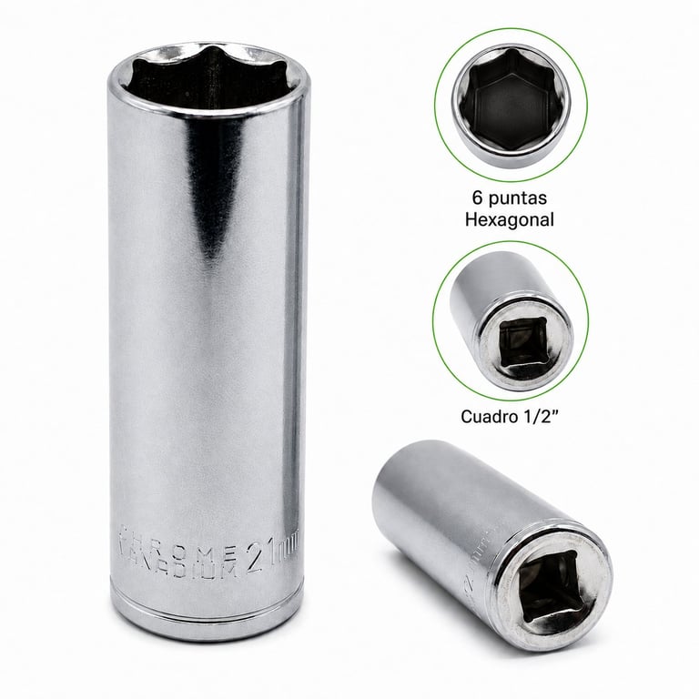Metal socket wrench with hexagonal and square drive options shown in detail views