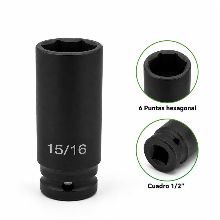 Black socket wrench labeled 15/16 with hexagonal opening and 1/2 inch drive, shown with detailed close-up views