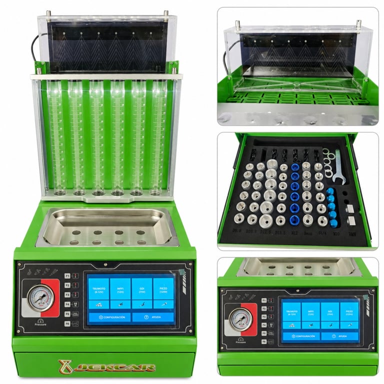 Green ultrasonic fuel injector cleaning machine with digital display, showing multiple views of internal components and control panel.