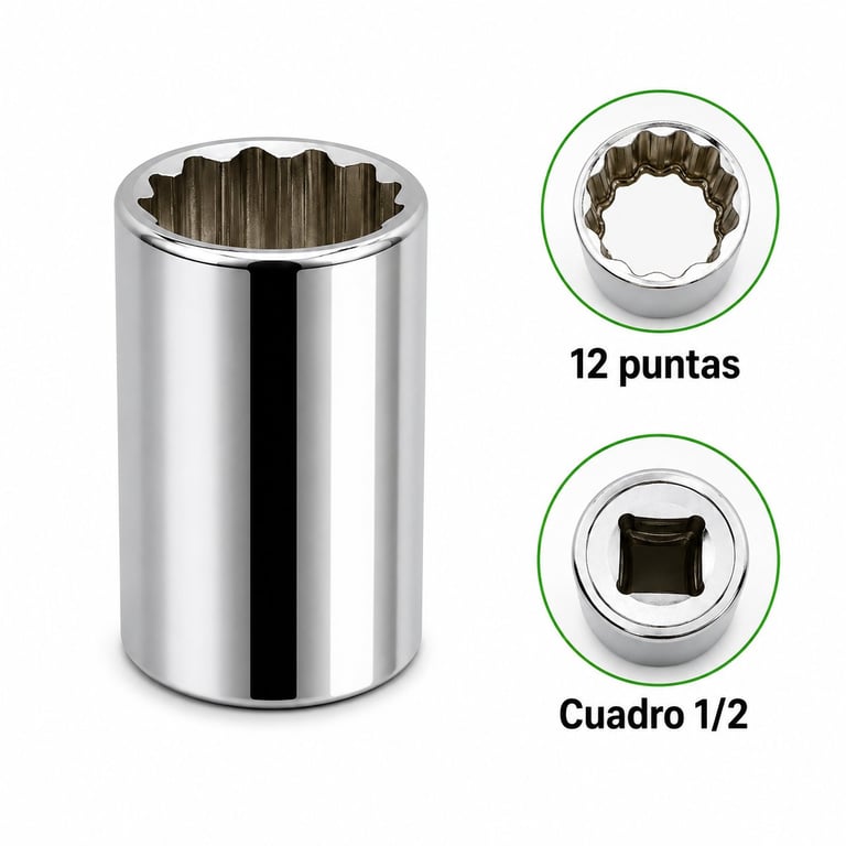 Chrome socket with 12-point and 1/2-inch square drive specifications shown in detail views