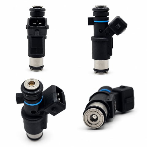 Four black fuel injectors with metallic tips and blue connectors shown from different angles