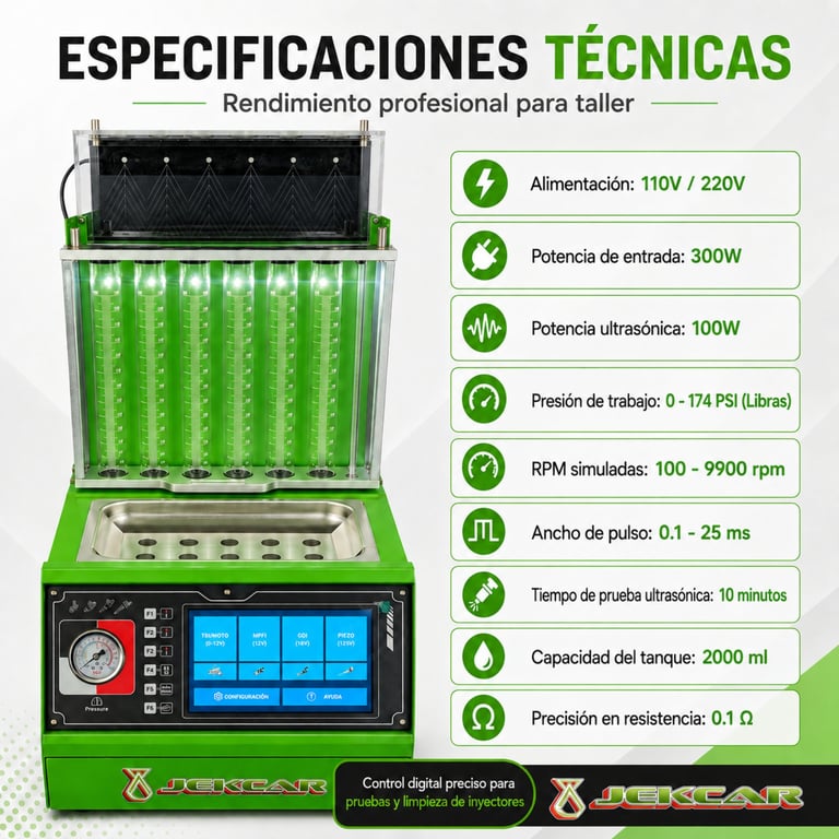 Green ultrasonic fuel injector cleaner machine with technical specifications including 110V/220V power, 300W input, and digital control display