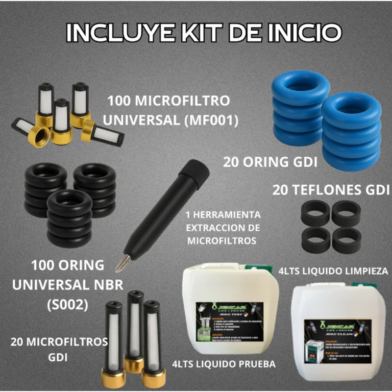 Starter kit components displayed including microfilters, o-rings, blue filter cartridges, extraction tool, and cleaning liquids.
