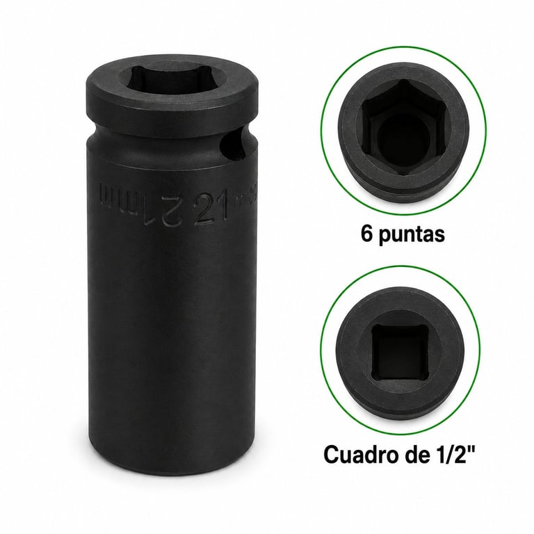 Black socket wrench with hexagonal and square drive options, labeled 6 puntas and Cuadro de 1/2 inch