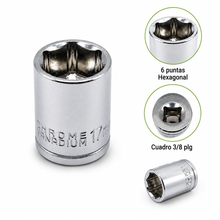 Polished metal socket wrench with 6-point hexagonal head, showing close-up details of the hexagonal socket, square drive, and full wrench view.