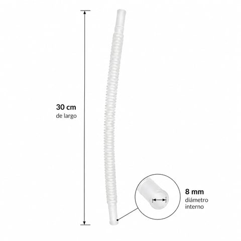 White flexible tubing 30 cm long with 8 mm internal diameter, shown with measurement dimensions and closeup detail