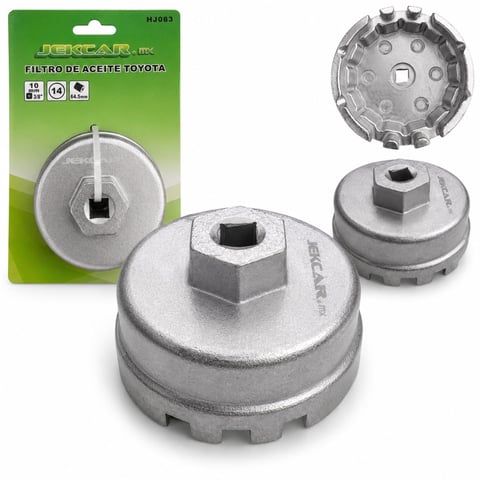Three Toyota oil filter removal tools shown with packaging, displaying top, side and front views of the metal cup-style wrench