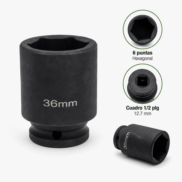 Black 36mm impact socket with hexagonal drive shown with close-up views of the socket opening and square drive connector