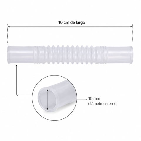 Transparent plastic accordion-style tube with specifications showing 10 cm length and 10 mm internal diameter with detailed cross-section view