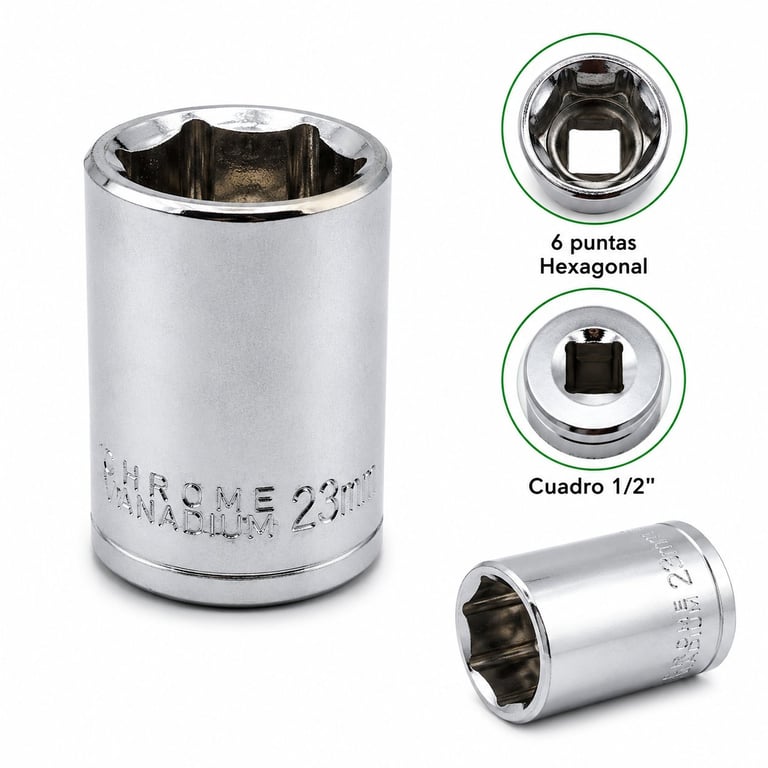 Socket wrench set showing hexagonal and square drive sockets in chrome finish with size markings