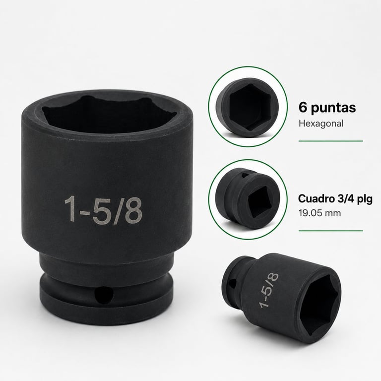 Black impact socket labeled 1-5/8 inch showing hexagonal 6-point head and 3/4 inch square drive specifications